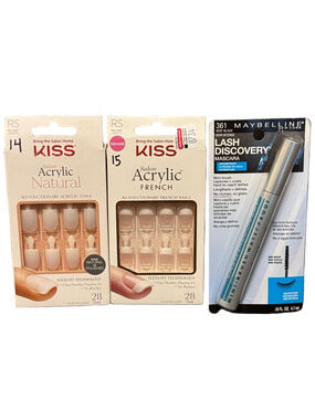 **Bundle** Kiss Salon Acrylic Natural & French Press-On Nails with Mascara New